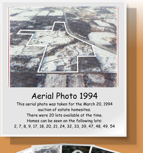 Aerial Photo 1994 This aerial photo was taken for the March 20, 1994 auction of estate homesites. There were 20 lots available at the time. Homes can be seen on the following lots: 2, 7, 8, 9, 17, 18, 20, 21, 24, 32, 33, 39, 47, 48, 49, 54